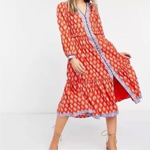 J. Crew Floral Red Dress with Blue Accents